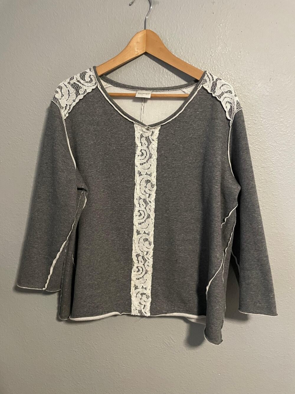 Chicos Womens Sweater Size 3 US XL Gray Lace Trim Relaxed Modern Boho Soft